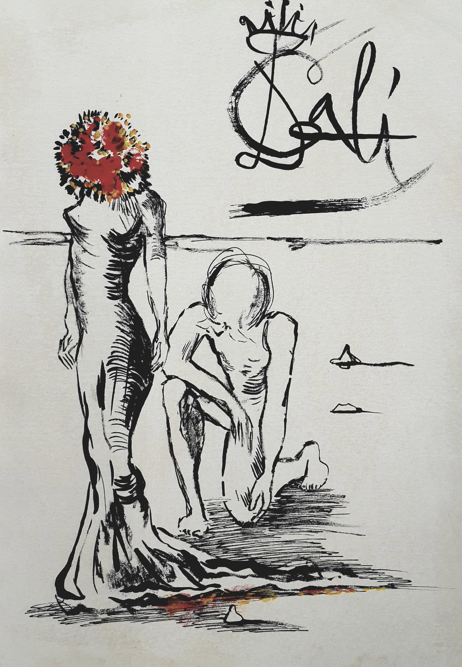Salvador Dali - Woman and man- Original COA: Artist: attributed to salvador Dali Size: 28 cm x 20 cm Original drawing on paper, colored and signed by hand by the author. Certificate of forensic handwriting examiner