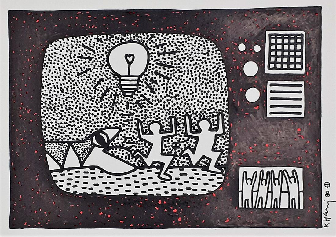 Keith Haring - Pop Art - Drawing in black and red: Keith HARING (American 1958-1990) (Attributed) Technique: Marker Support: Paper of good weight It is not a reproduction, nor is it printed Year/Period: 1980 Handwritten signature of the artist. Sheet