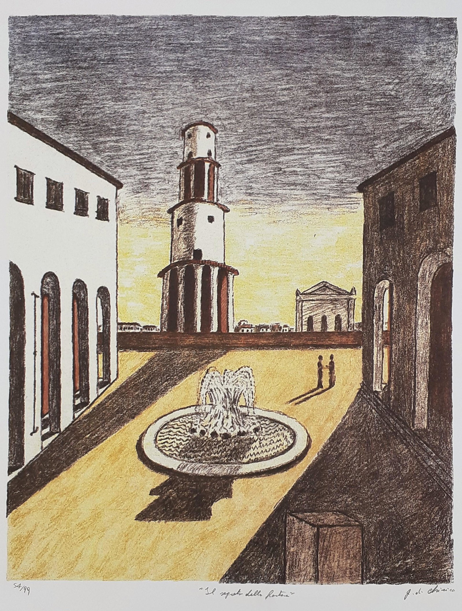 Giorgio de Chirico - Fontana - Signed: Giorgio De Chirico (Greek / Italian 1888 - 1978) Technique: Lithography Support: Good thickness cardboard With a dry seal. Handwritten pencil signature of the artist. Limited and numbered edition: 54/