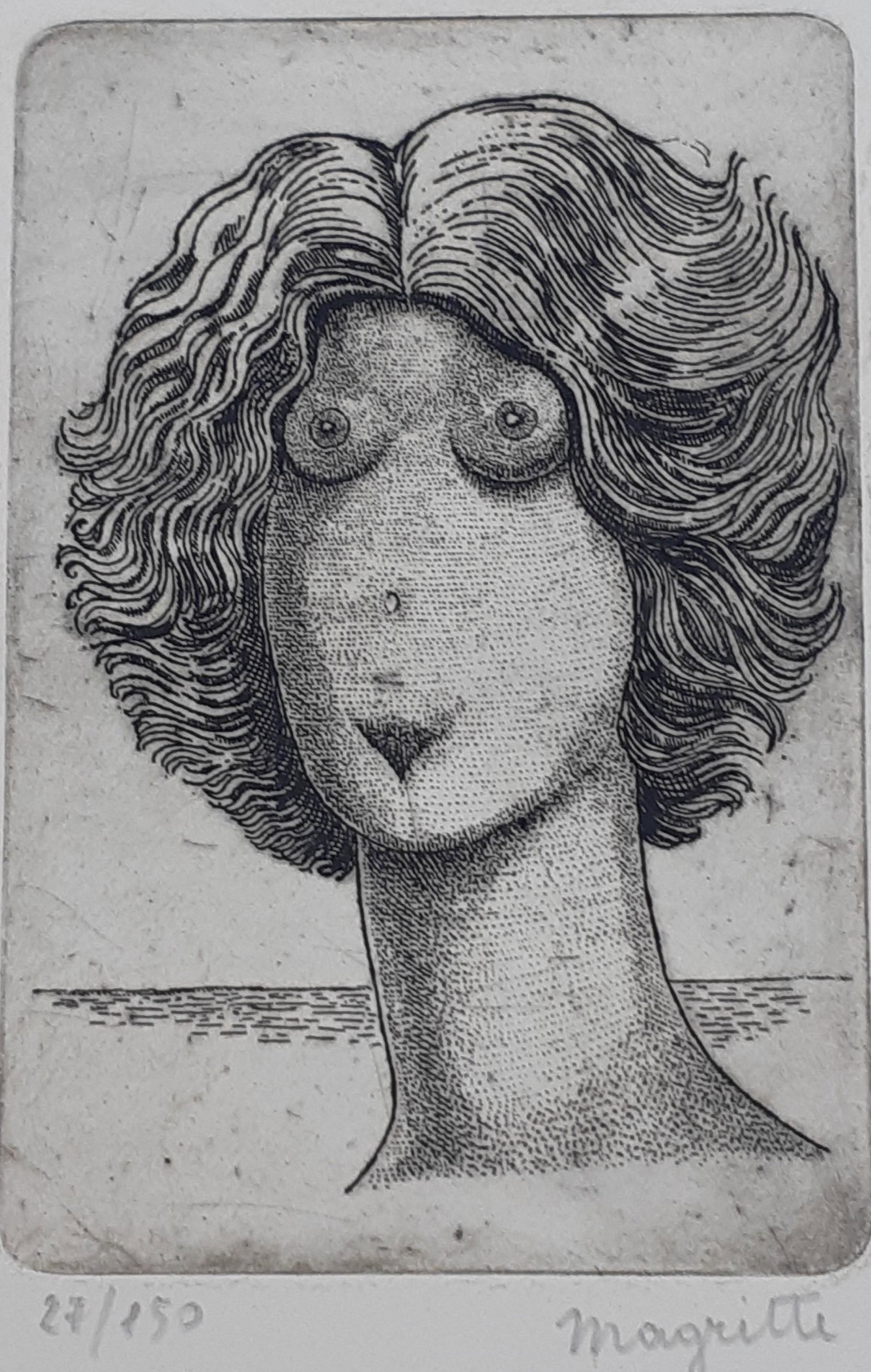 Rene Magritte - Engraving - Signed and numbered: Rene Magritte (Belgian 1898 - 1967) Technique: Engraving Backing: Good weight cardboard Handwritten pencil signature of the artist. Limited and numbered edition: 27/150 Sheet size: 29.6 cm x 24 cm (11