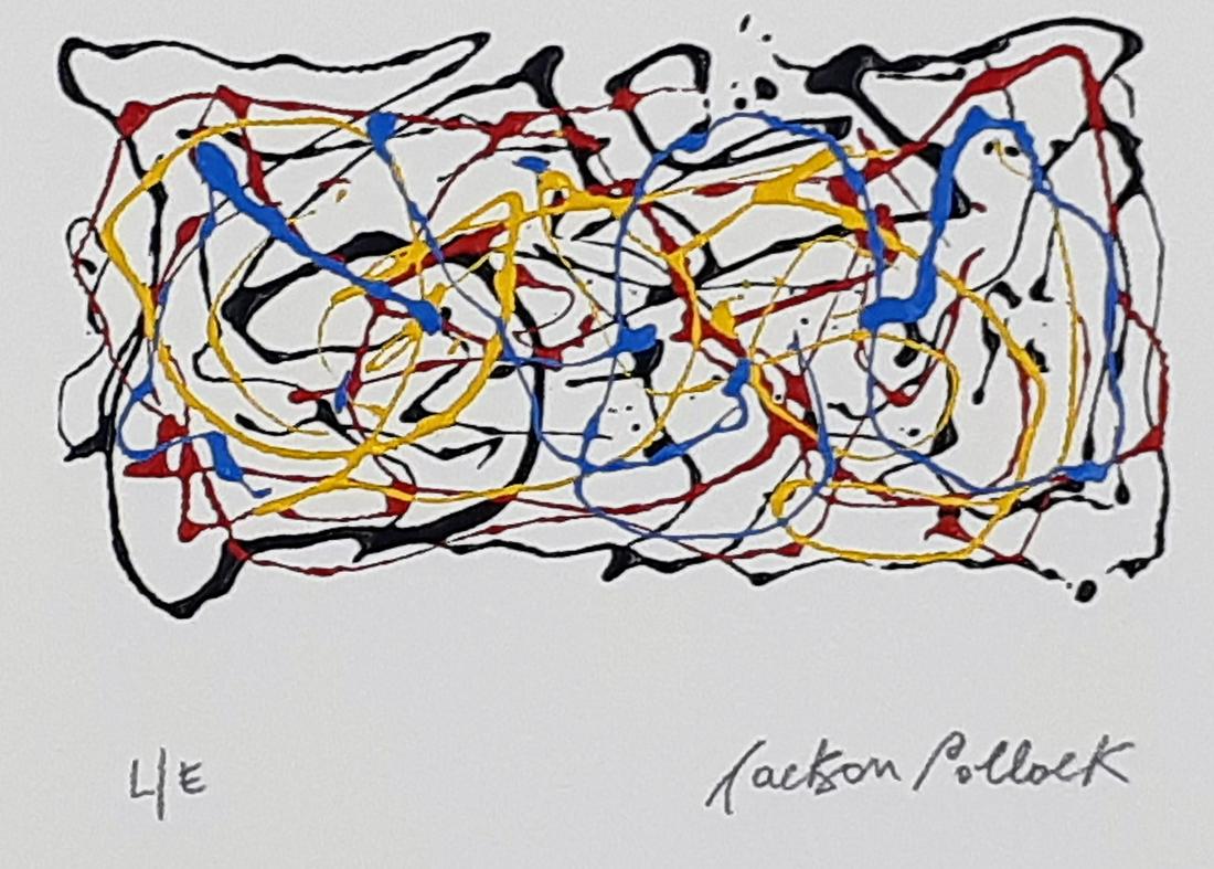 Jackson Pollock - Paper painting - Signed: Jackson Pollock (American 1912 - 1956) Technique: Painting on paper Support: Paper of good weight Handwritten pencil signature of the artist. Limited and numbered edition: L/E Sheet size: 29.5 cm x 21