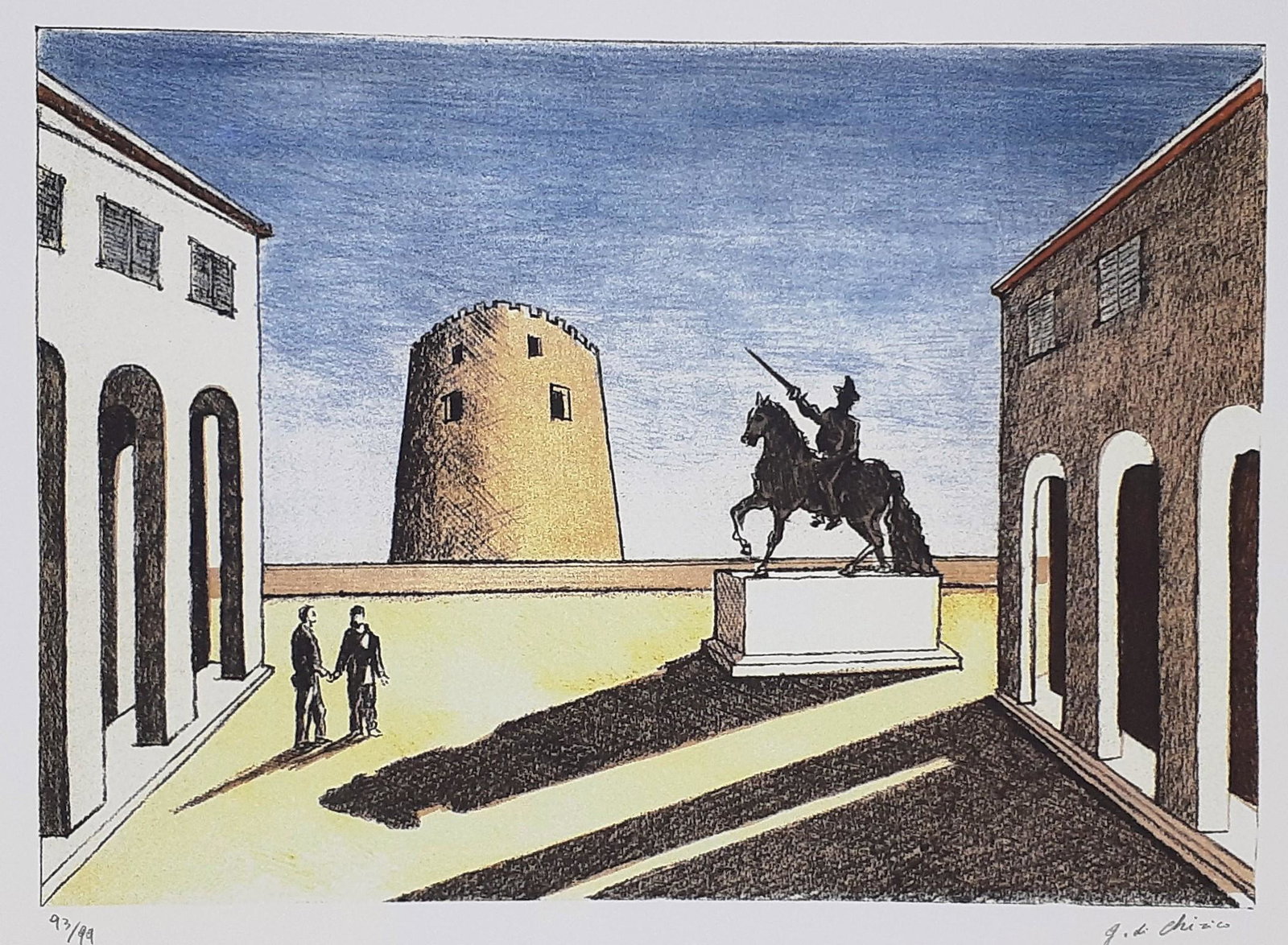 Giorgio de Chirico - Square - Signed: Giorgio De Chirico (Greek / Italian 1888 - 1978) Technique: Lithography Backing: Good weight cardboard With a dry seal. Handwritten pencil signature of the artist. Limited and numbered edition: 93/99 