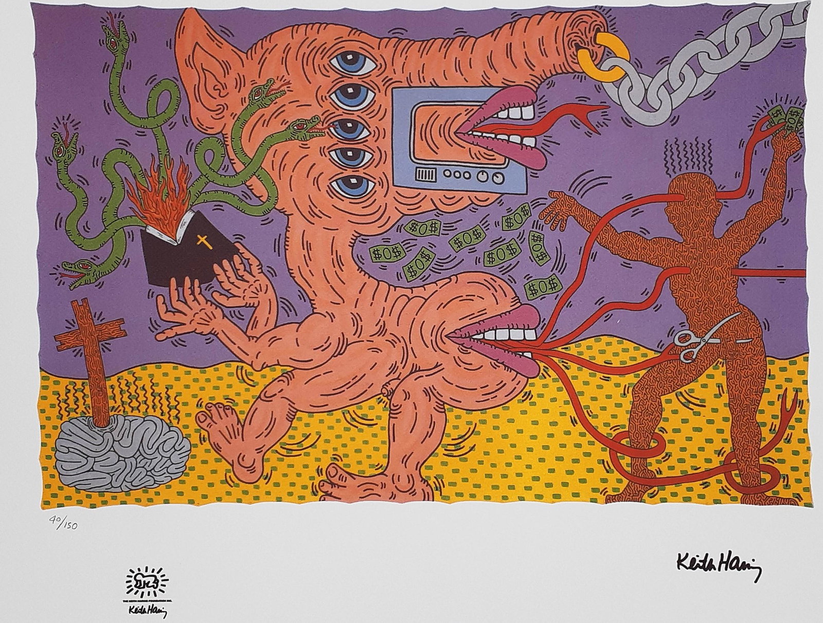 Keith Haring - Signed Lithography II - Large: Keith HARING (American 1958-1990) Lithography on quality paper and good weight Numbered in pencil. Stamped copyright Keith Haring Keith Haring's Dry Seal Signed on the plate. Limited edition and numbe