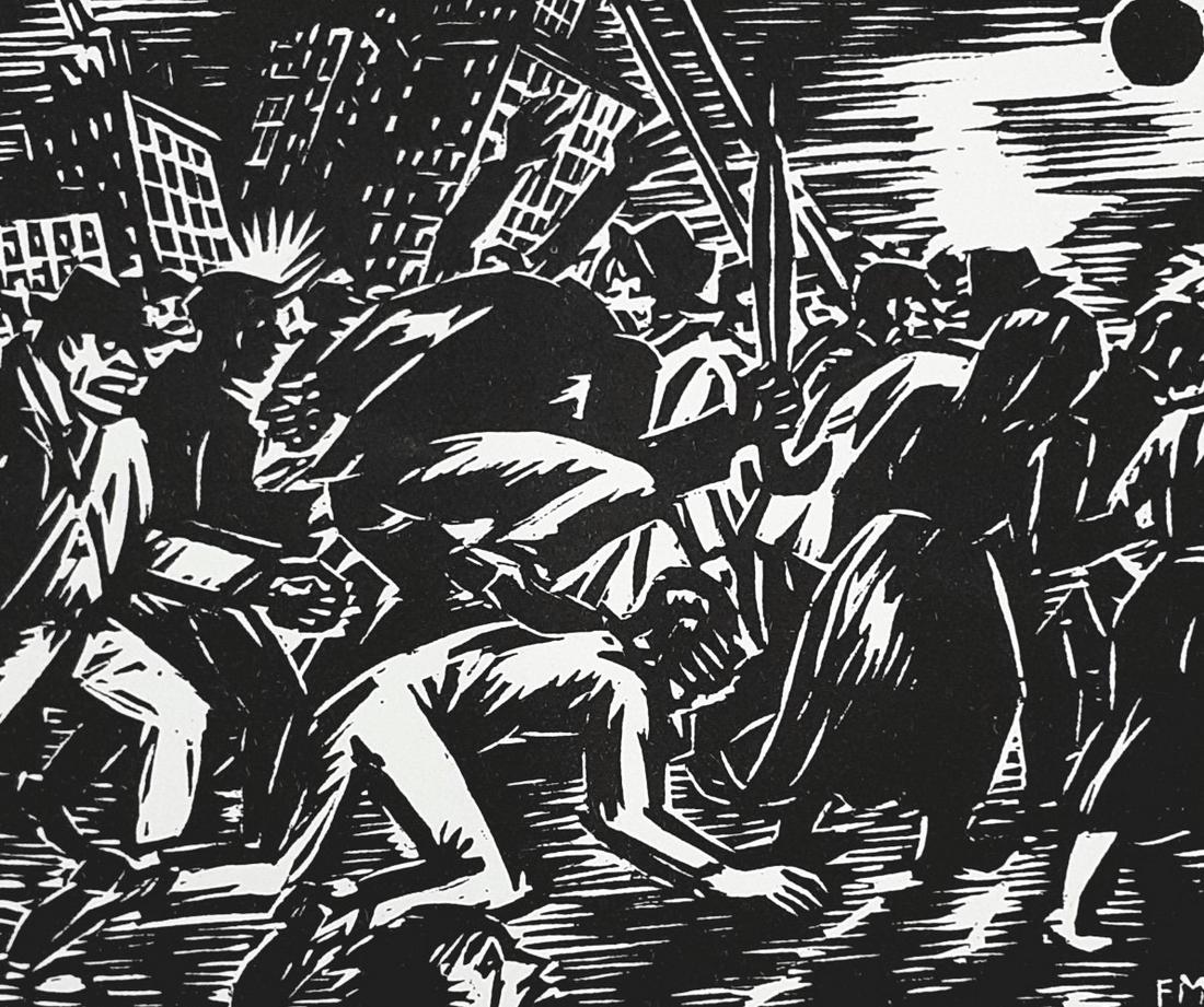 Frans Masereel - Route des hommes - Signed: Frans Masereel (Belgian 1889 - 1972) Woodcut on paper Belgian expressionism committed to activism. Work done in 1968 Signed in pencil by the artist. Sheet Size 27cm x 19.5cm (10.63 x 7.48inch) Conditi