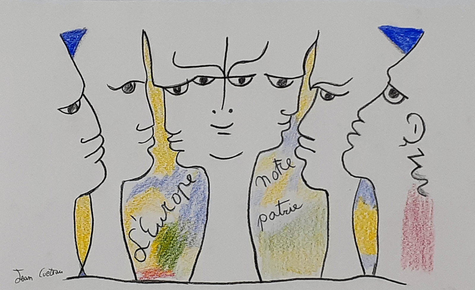 Jean Cocteau - Signed drawing: Jean Cocteau (French 1889 - 1963) (Attributed) Pencil and crayons on paper Hand signed by the artist. Sheet Size 33cm x 20cm (12.99 x 7.87inch) Condition: Good From private collection.