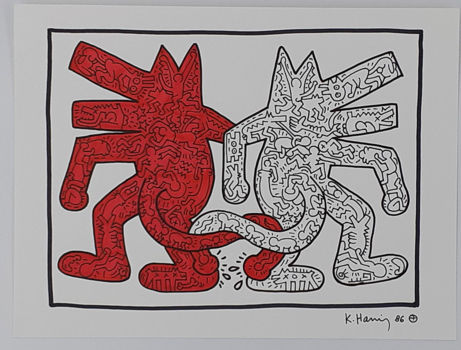 Keith Haring - Two Dogs - Signed: Keith HARING (American 1958-1990) (Attributed) Drawing with markers on cardboard Hand signed by the artist. Sheet size 30.5 cm x 23 cm (11.81 x 9.06 inches) Condition: Very good From private collectio