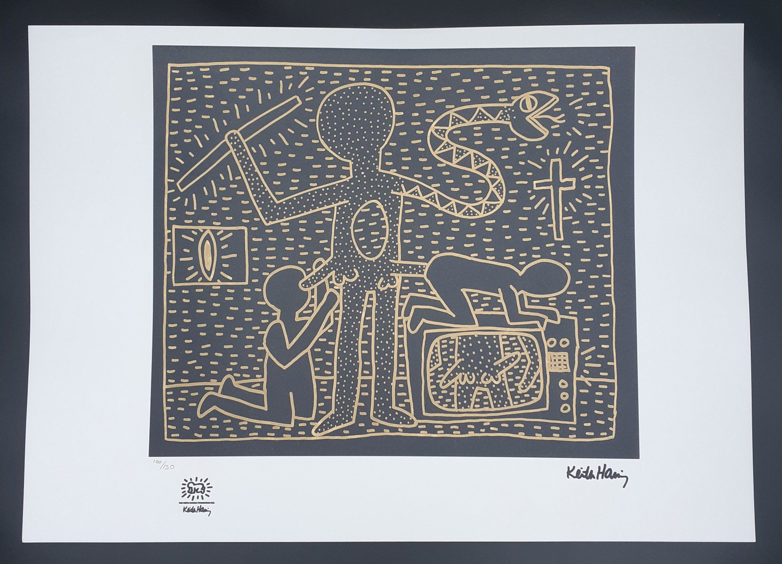 Keith Haring - Lithograph VII - Signed: Keith HARING (American 1958-1990) Lithograph on thick paper Keith Haring Copyright Print Stamp and Embossed Dry Stamp Signed on the plate. Limited edition and numbered 7/100 Sheet Size 70cm x 59cm (27