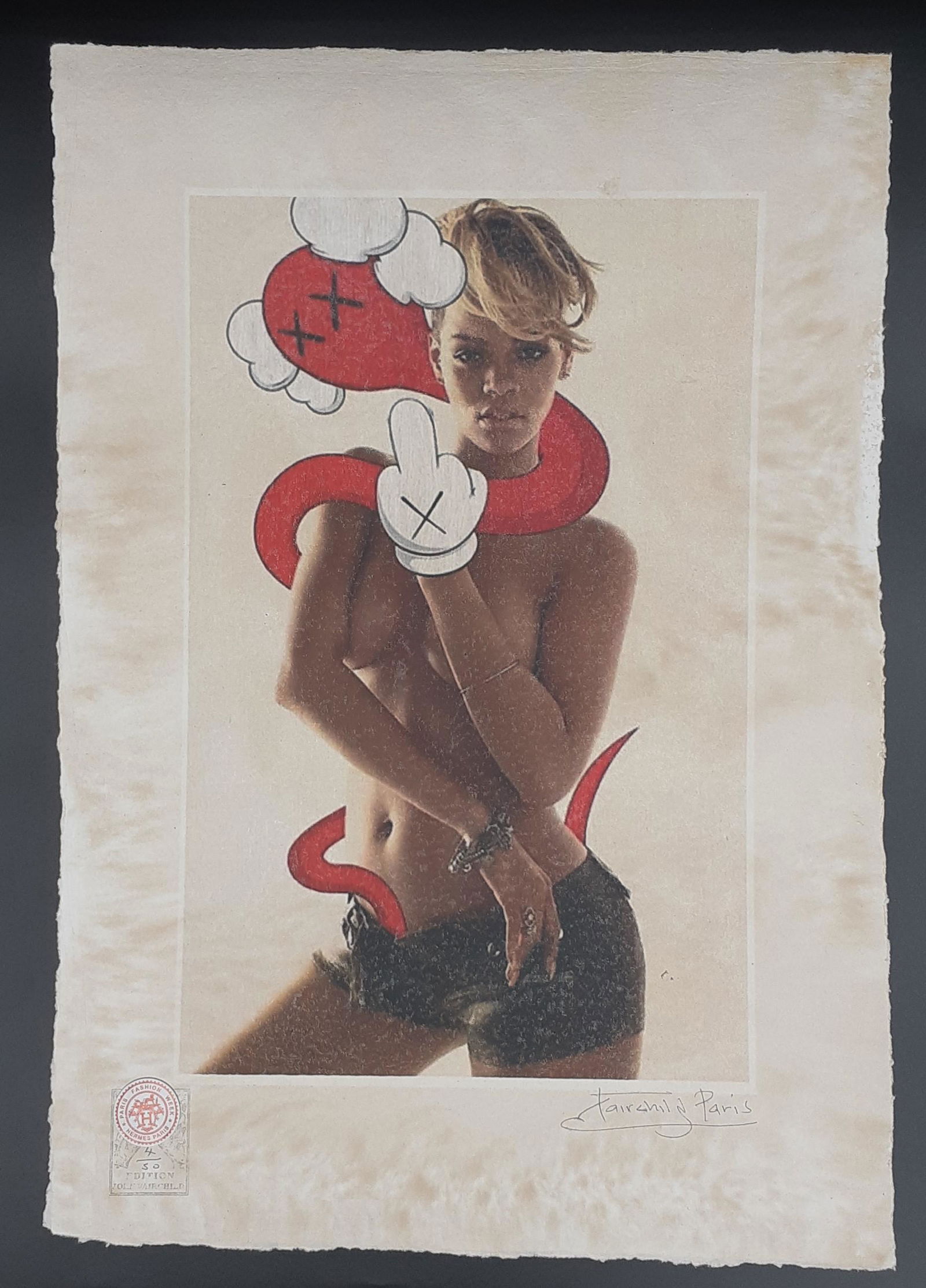 Fairchild - KAWS -Rihanna - Hermes: French paper, beautifully aged, handmade Hermes and Fairchild edition stamp. Exhibited and sold at the London and Paris Fashion Week 2014-16. Hand signed Limited and numbered edition 4/50 Sheet size 5