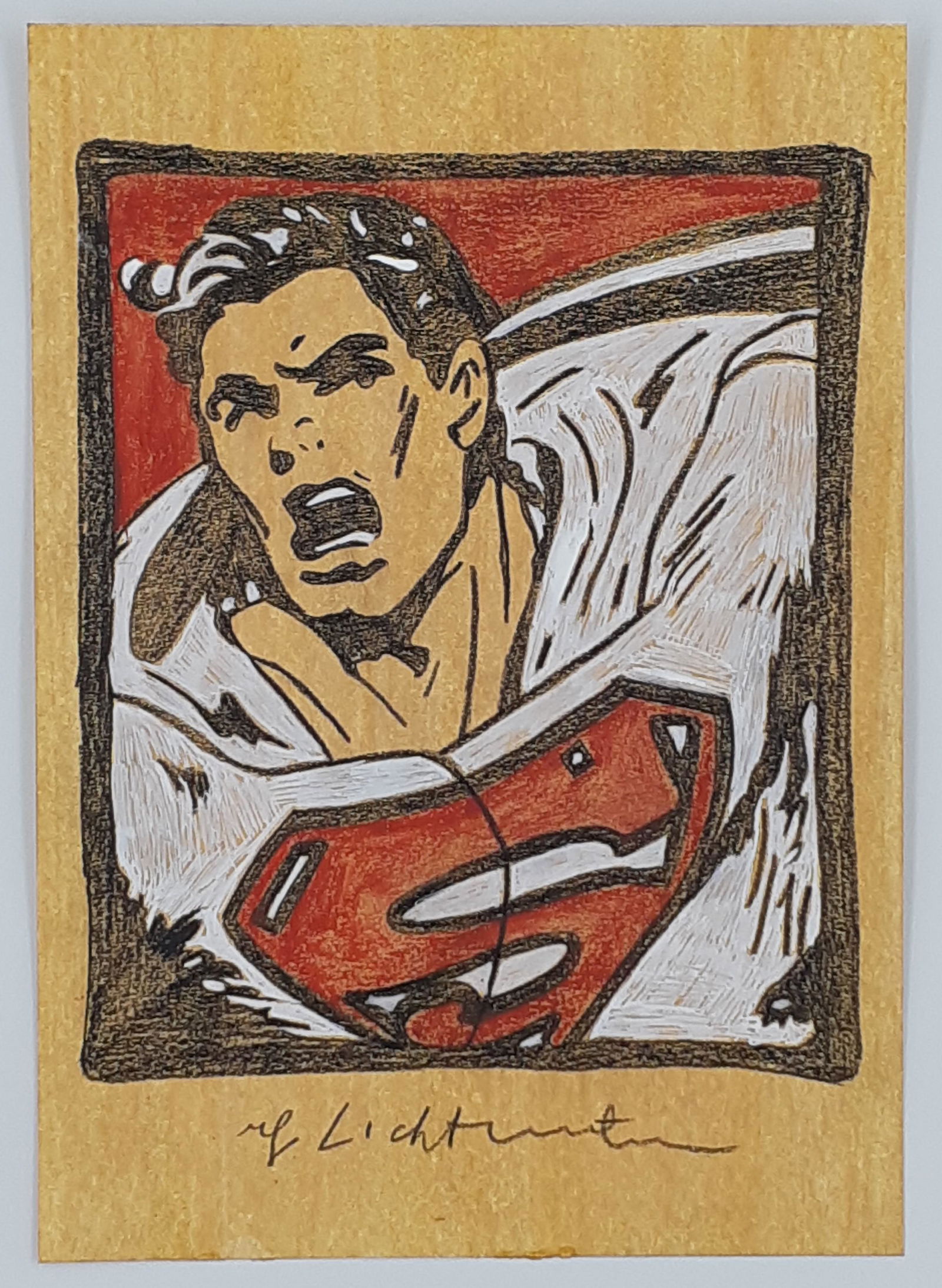 Roy Lichtenstein - Superman - Signed: Roy Lichtenstein (American 1923 - 1997) (Attributed) Mixed media on cardboard Signed in pencil by the artist. Sheet Size 30cm x 21cm (11.81 x 8.27inch) Condition: Very good From private collection.