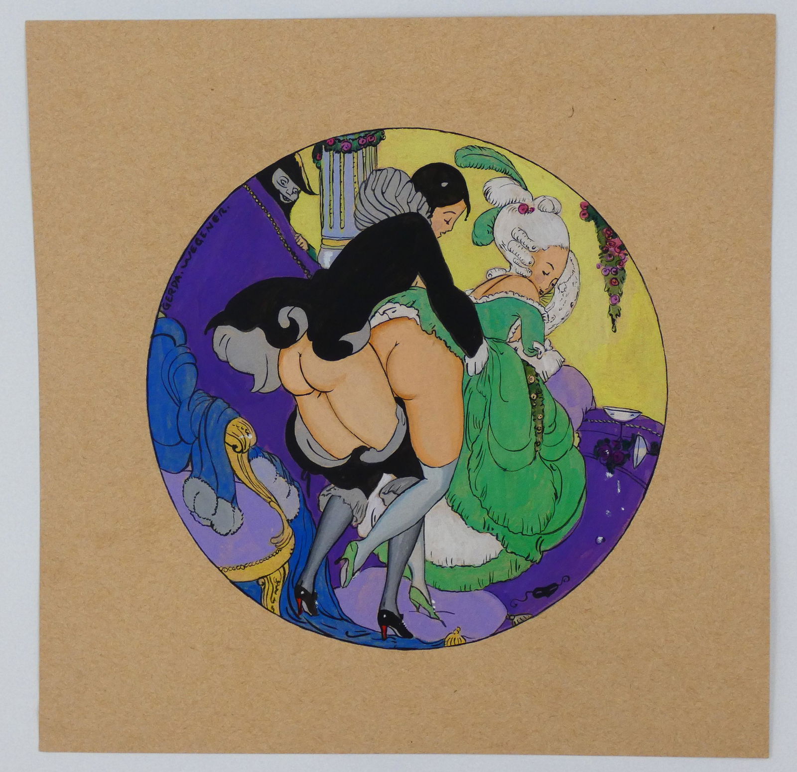 Gerda Wegener - Hand signed watercolor I: Gerda Wegener (Attributed) Mixed media on thick cardboard With stamps of two galleries on the reverse Hand signed by the artist. Sheet Size 33cm x 33cm (12.99 x 12.99 inch) Condition: Very good From p