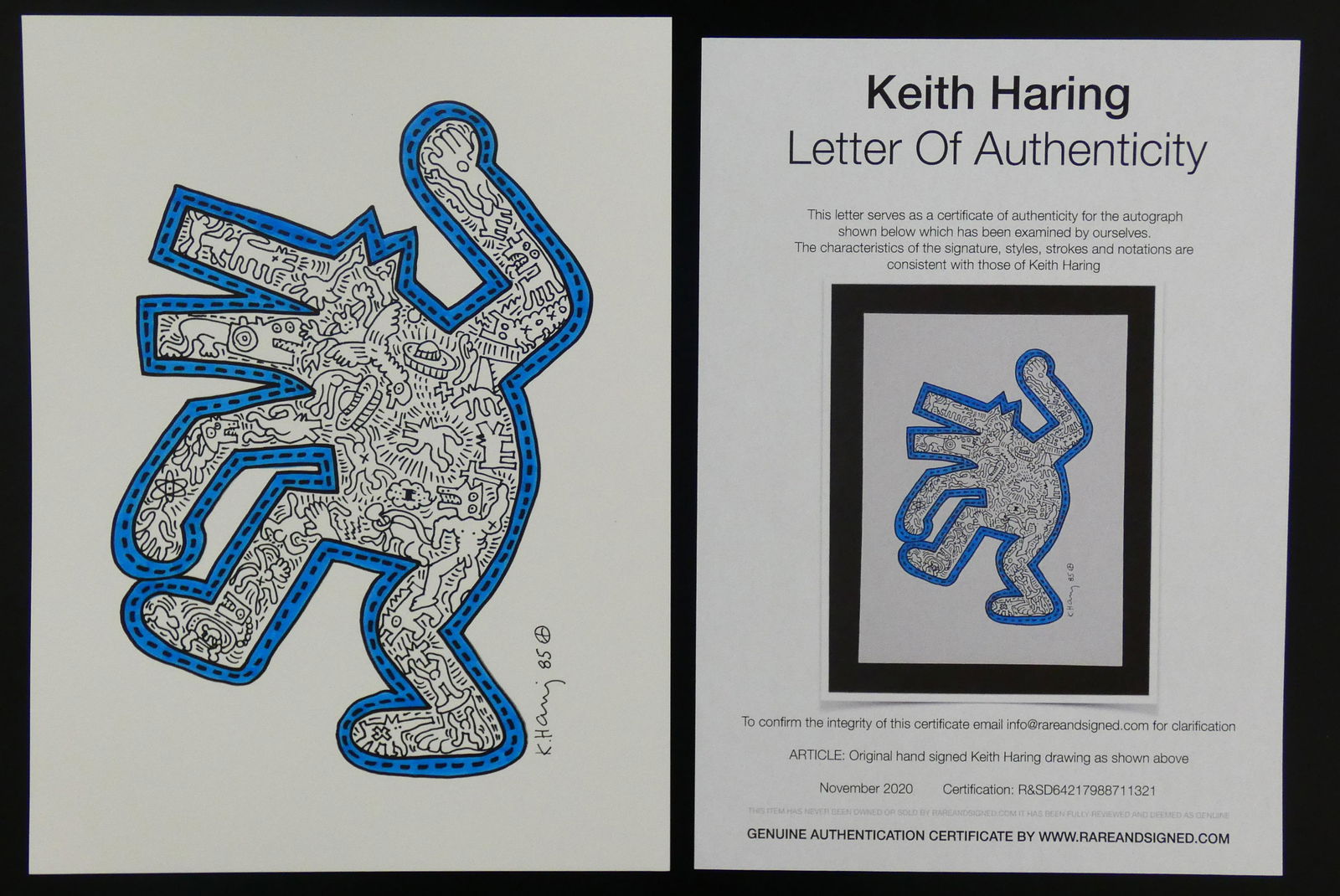 Keith Haring - White / Blue Dog -Signed + COA: Keith HARING (American 1958-1990) (Attributed) Markers on cardboard Work done in 1985 Hand signed by the artist. Sheet size 30.5 cm x 23 cm (11.81 x 9.06 inches) Condition: Very good COA / Certificate