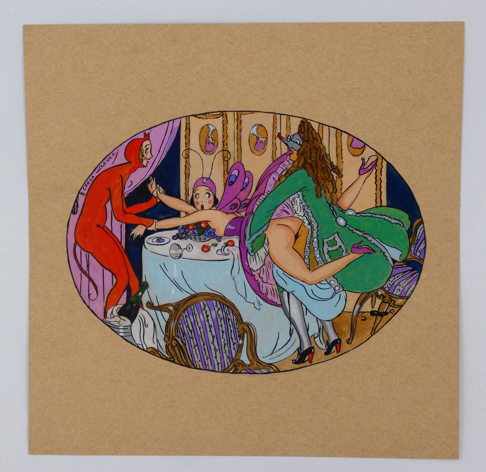 Gerda Wegener - Hand signed watercolor II: Gerda Wegener (Attributed) Mixed media on heavy cardboard With gallery stamps on the reverse Hand signed by the artist. Sheet Size 33cm x 33cm (12.99 x 12.99 inch) Condition: Very good From private co