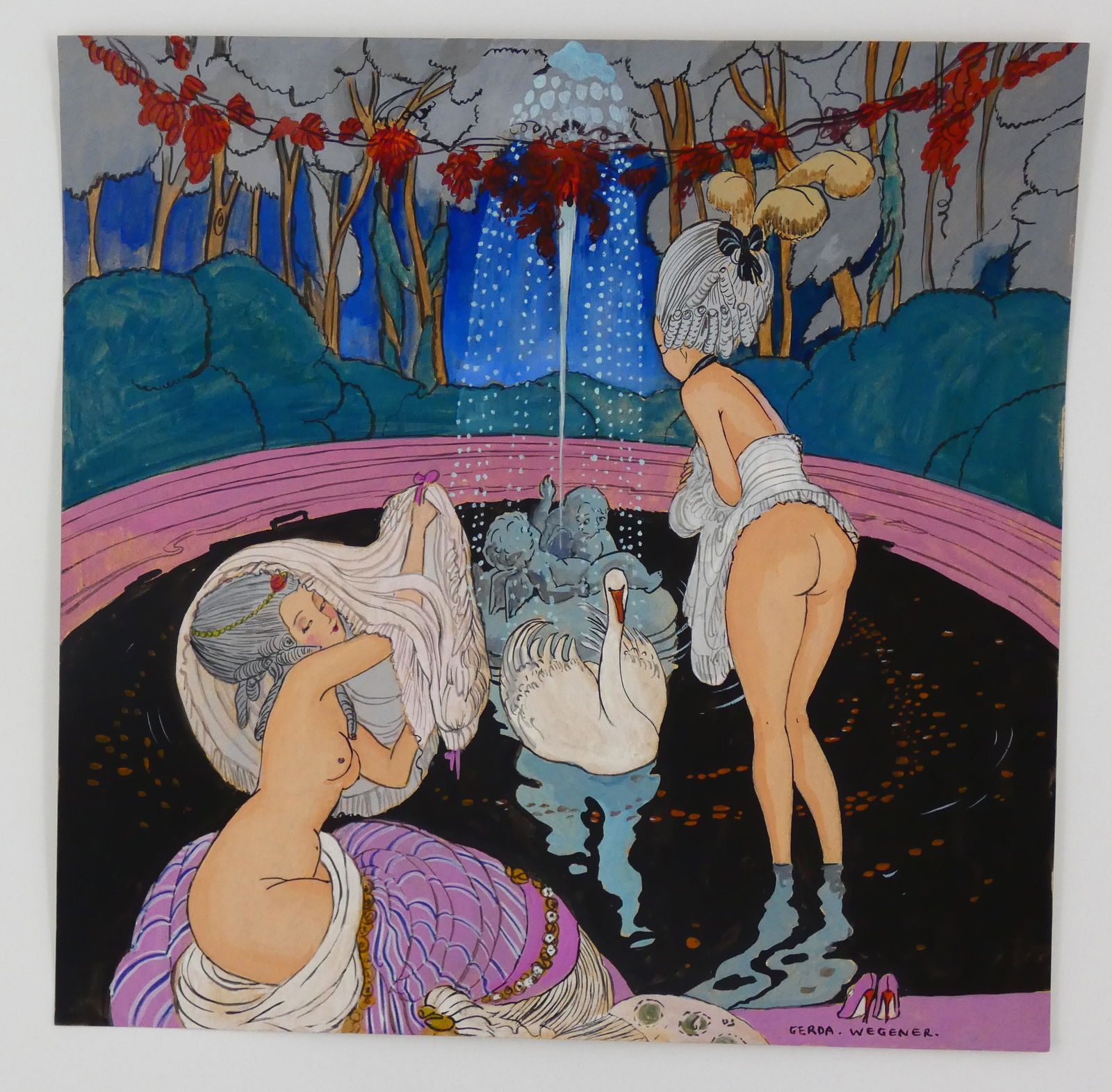 Gerda Wegener - Hand signed watercolor III: Gerda Wegener (Attributed) Mixed media on heavy cardboard With gallery stamps on the reverse Hand signed by the artist. Sheet Size 33cm x 33cm (12.99 x 12.99 inch) Condition: Very good From private co