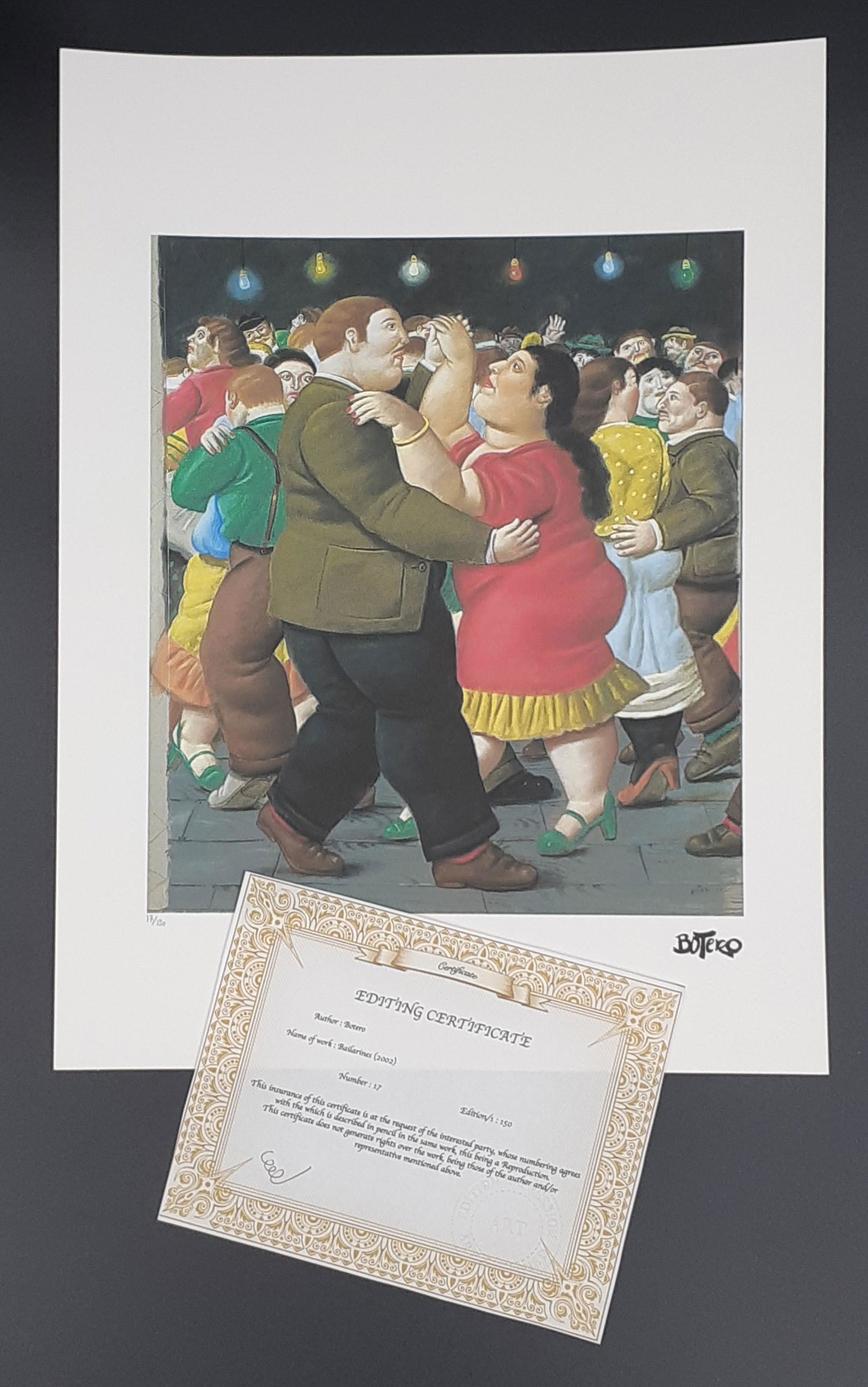 Botero - Dancers - Lithograph - Certificate: Fernando Botero (Colombian 1932 -) Lithograph on 300 gram Canson paper With embossed dry pad Signed on the plate. Limited edition and numbered 17/150 in pencil Sheet Size 37.7 cm x 28.2 cm (14.57 x 11