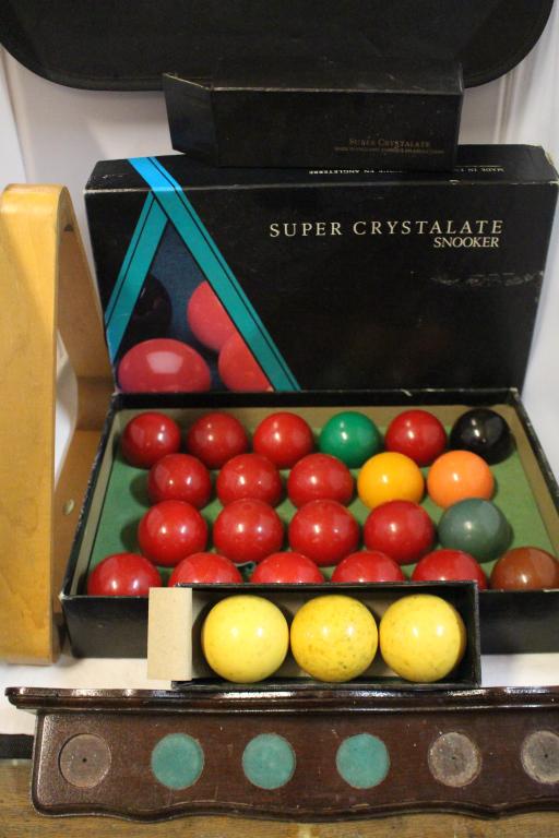 Set Of Super Crystalate Snooker Balls, Triangle, Cue