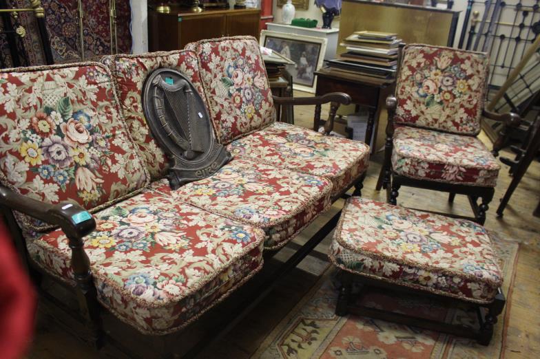 Ercol 3 Piece Vintage Suite comprising a 3 Seater: Ercol 3 Piece Vintage Suite comprising a 3 Seater Armchair and a Footstool - raised height
