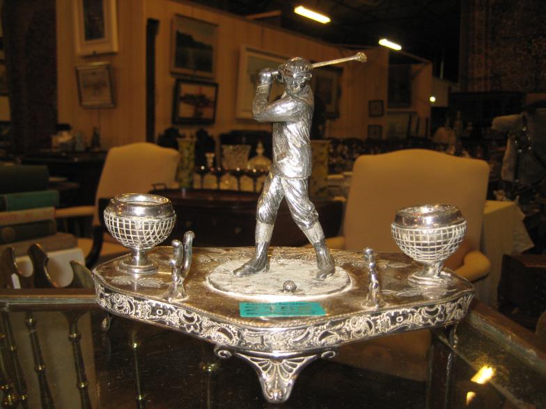 John Dixon & Son Limited, White Metal Desk Stand with: John Dixon & Son Limited, White Metal Desk Stand with Golfer Figure (16cm Tall x 23cm wide)