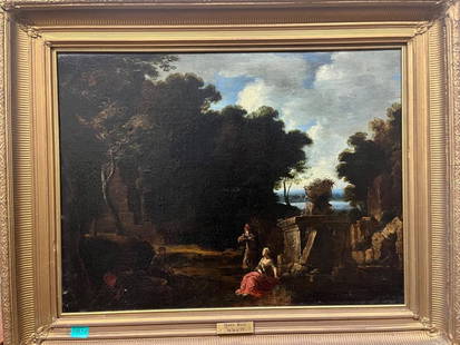 After MARCO RICCI 1676-1729 - 19th Century Oil on Canvas in Gilt Frame "Figures sitting in ruins": After MARCO RICCI 1676-1729 - 19th Century Oil on Canvas in Gilt Frame "Figures sitting in ruins" (94cm W x 77cm H)