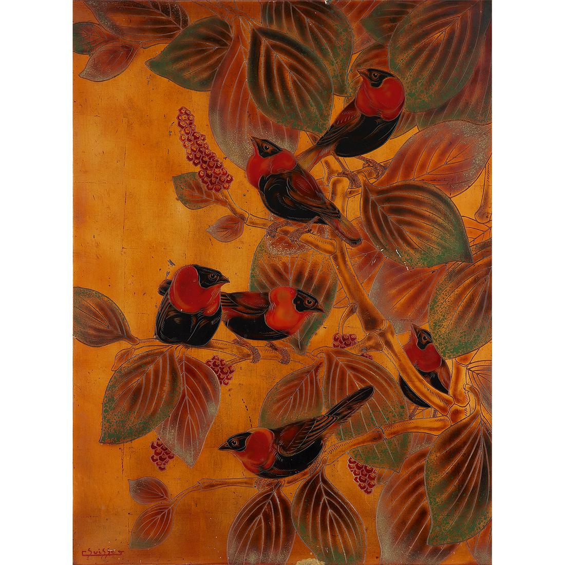 GASTON SUISSE (1896-1988): GASTON SUISSE (1896-1988) Panneau rectangulaire en laque à décor d'ignicolores dans un riche décor végétal, motifs incisés, teintes polychromes sur fond à la feuille d'or patinée. Signature à