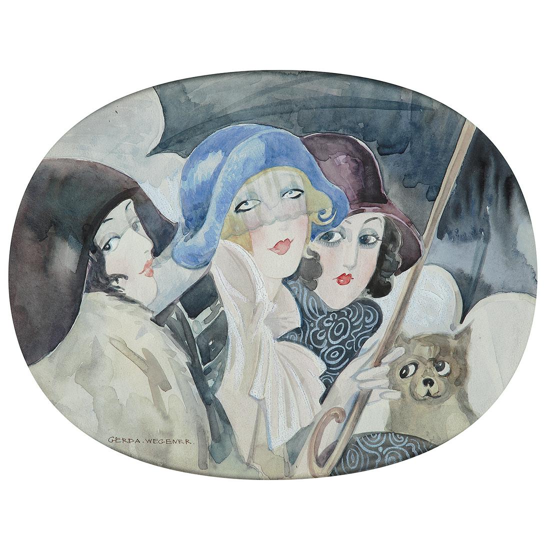 GERDA WEGENER (1886-1940): GERDA WEGENER (1886-1940) TROIS JEUNES FEMMES SOUS LA PLUIE Aquarelle et gouache sur papier Signé en bas à gauche Watercolour and gouache on paper; signed lower left 27 x 34 CM - 10 5/8 x 13 3/8 in.