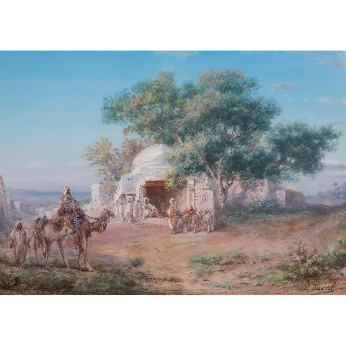 PAUL PASCAL (1832-1903) RENCONTRE AUX ABORDS DU: PAUL PASCAL (1832-1903)RENCONTRE AUX ABORDS DU MARABOUTMEETING BY THE MARABOUTGouache sur papier, signée en bas à droite.À VUE : 40 X 55 CM (15 3/4 X 21 5/8 IN.)