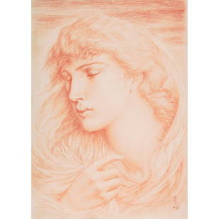 Simeon SOLOMON (Londres, 1840-1905) Tête de femme: Simeon SOLOMON (Londres, 1840-1905) Tête de femme symboliste Sanguine Signé S et daté 1892 en bas à droite Symbolist woman's head, sanguine, signed S and dated 1892 on the lower ri