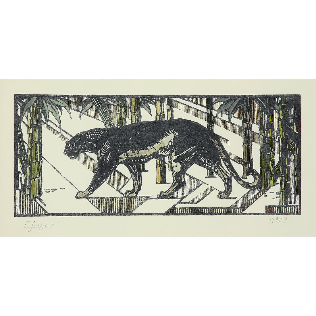 GASTON SUISSE (1896-1988) Panthère noire dans les: GASTON SUISSE (1896-1988)Panthère noire dans les bambous, 1927Gravure sur bois, rehaussée aux lavis d'encre de Chine. Encadrement en wengé.Signé en bas à gauche "G. Suisse" et