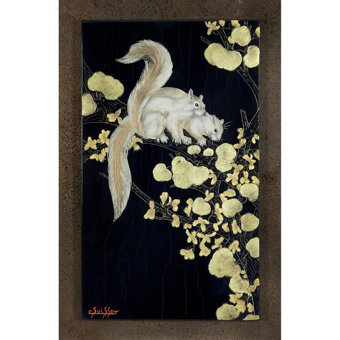 GASTON SUISSE (1896-1988) Écureuils de Malaisie: GASTON SUISSE (1896-1988)Écureuils de Malaisie dans un arbre de JudéePanneau de laque gravé, circa 1940, décor d'écureuils sur des branchages, poudre d'aluminium et feuille d'