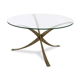 * MICHEL MANGEMATIN (XXE) Table circulaire, circa 1970,: * MICHEL MANGEMATIN (XXE)Table circulaire, circa 1970, piétement en bronze patiné formant trois lames souples entrecroisées, plateau en verre translucide.A table, c. 1970, patinated bro