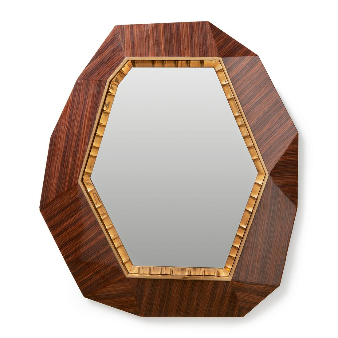 ACHILLE SALVAGNI (NÉ EN 1970) Miroir "Lucy" à: ACHILLE SALVAGNI (NÉ EN 1970)Miroir "Lucy" à structure à pans coupés en placage d'ébène de Macassar verni, encadrement en bronze rosé godronné.A "Lucy" mirror,