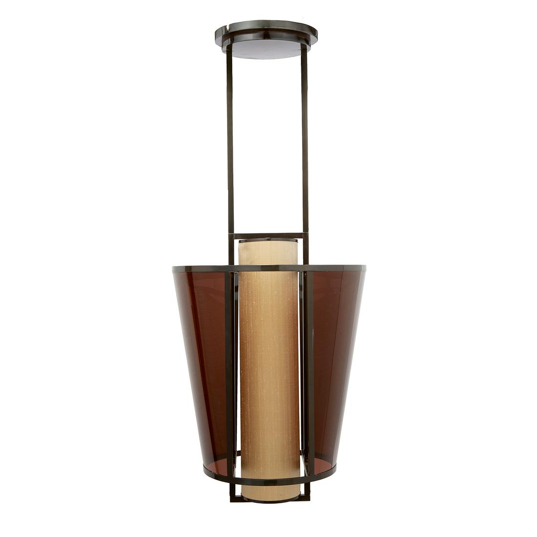 ANNÉES 2000 Grande lanterne à suspendre,: ANNÉES 2000Grande lanterne à suspendre, structure ajourée en métal laqué anthracite, platine circulaire supérieure, parements en perspex violine, cylindre central en shan