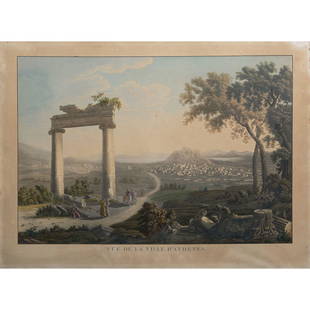 D'APRÈS LOUIS-FRANÇOIS CASSAS (1756-1827): D'APRÈS LOUIS-FRANÇOIS CASSAS (1756-1827) VUE DE LA VILLE D'ATHÈNES VIEW OF ATHENS Gravure en couleurs Dans un encadrement (Rousseurs et traces d'humidité) 58,5 X 81 CM (23 X 31