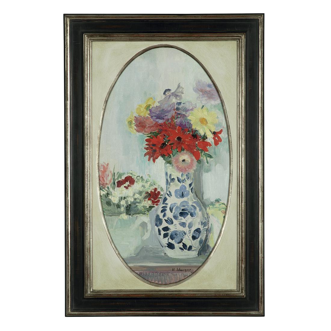 HENRI LEBASQUE (1865-1937) BOUQUETS DE FLEURS SUR UN: HENRI LEBASQUE (1865-1937) BOUQUETS DE FLEURS SUR UN ENTABLEMENT Huile sur toile marouflée sur panneau Signée en bas à droite Oil on canvas laid on panel; signed lower right 56,5 X 32 C