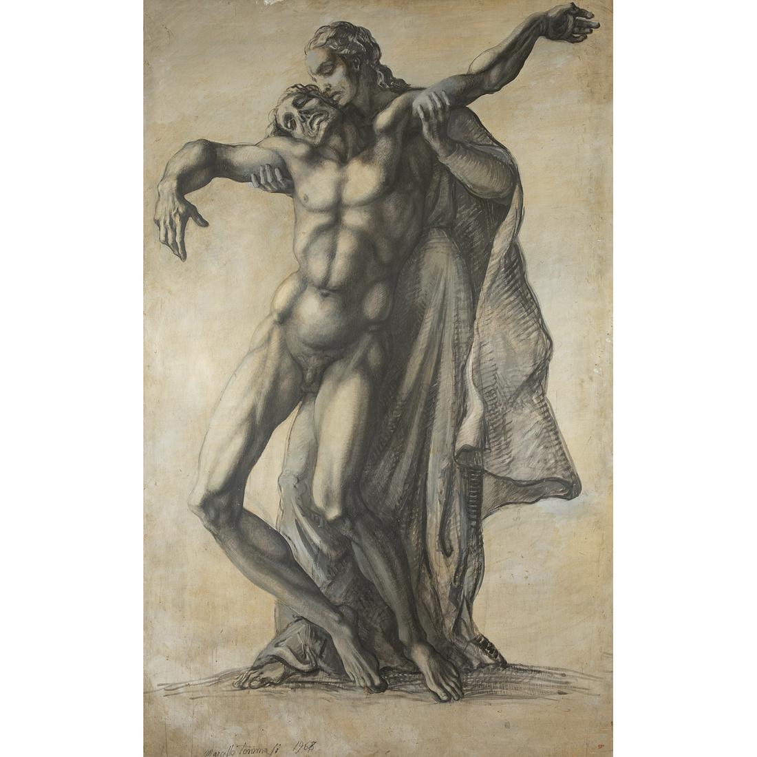 MARCELLO TOMMASI (1928-2008) DESCENTE DE CROIX, 1968: MARCELLO TOMMASI (1928-2008) DESCENTE DE CROIX, 1968 Huile sur toile en grisaille, tendue sur contreplaqué, signée en bas gauche, datée "1968." Oil on canvas, grisaille, stretched on pl