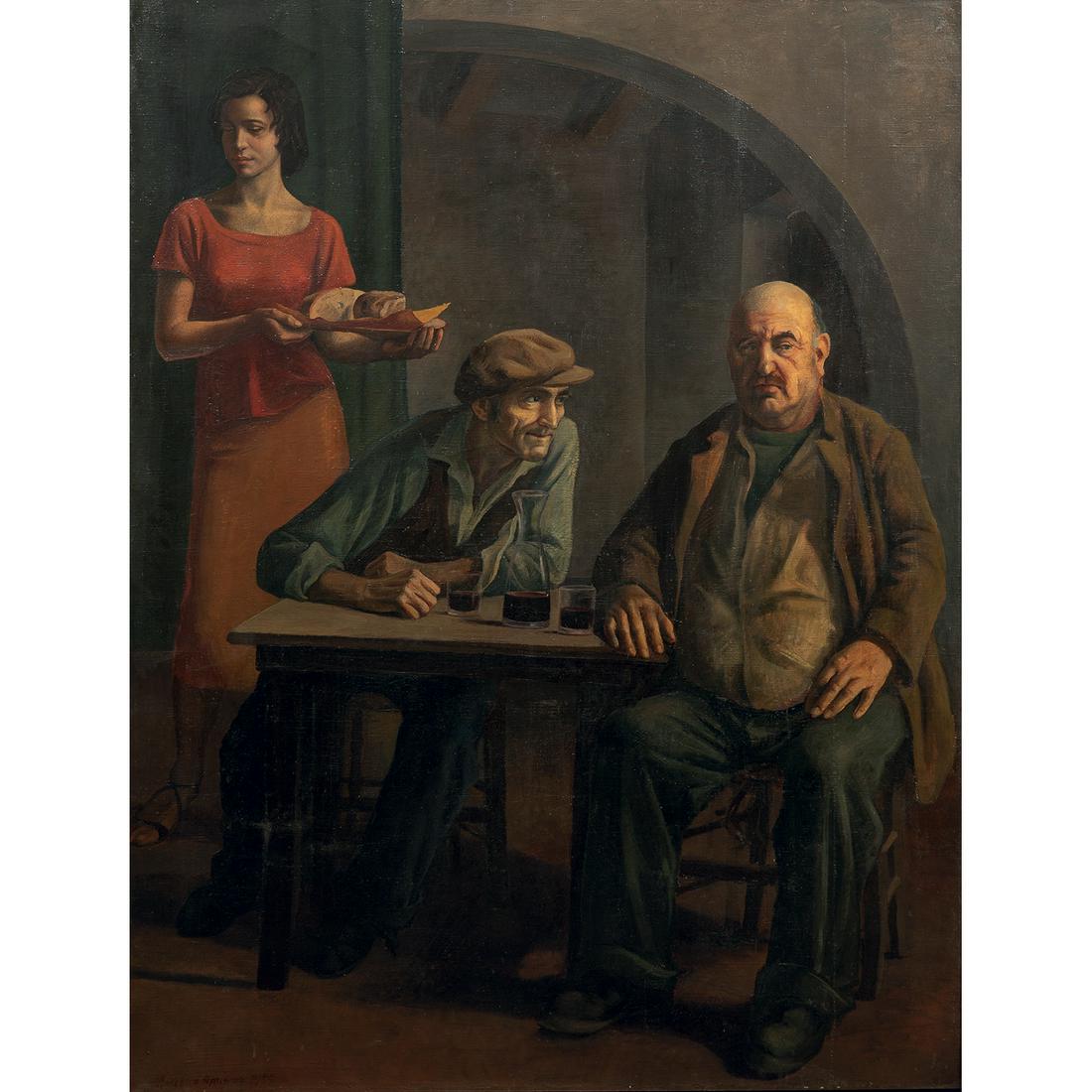 MARCELLO TOMMASI (1928-2008) OSTERIA, 1955 Huile sur: MARCELLO TOMMASI (1928-2008) OSTERIA, 1955 Huile sur toile, signée et datée en bas à droite Oil on canvas, signed and dated lower right. H 151,5 x L 114 CM • H 59 5/8 x W 44 7/8 I