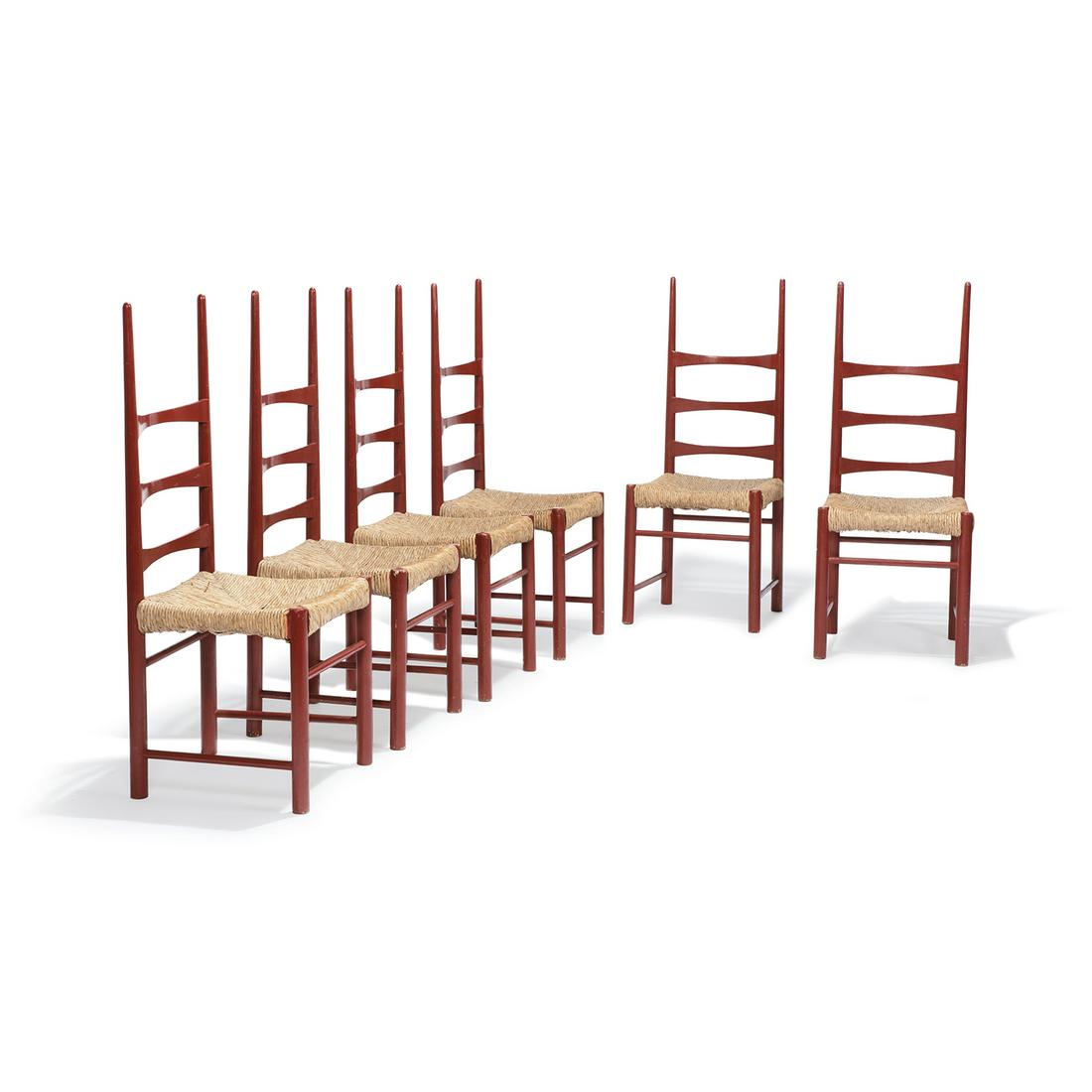 JORDI VILANOVA (1925-1998) Suite de six chaises: JORDI VILANOVA (1925-1998)Suite de six chaises "Billar", 1961, en bois laqué framboise, haut dossier à trois barreaux cintrés, assise paillée.A set of six chairs, deep red lacquere
