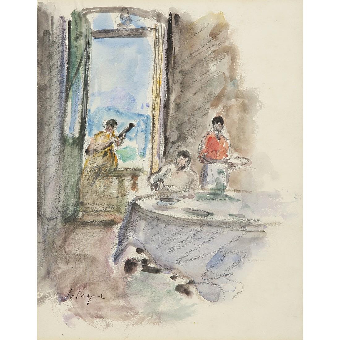 HENRI LEBASQUE (1865-1937) INTÉRIEUR AU GUITARISTE: HENRI LEBASQUE (1865-1937) INTÉRIEUR AU GUITARISTE Aquarelle et fusain sur papier Signée en bas à gauche Watercolor and black chalk on paper; signed lower left 24 X 19 CM • 9 1/2