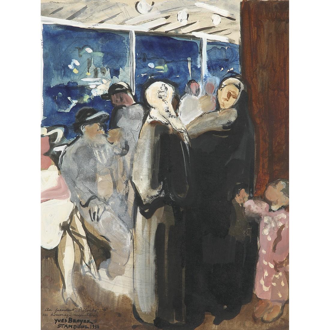 YVES BRAYER (1907-1990) SUR LE BAC, ISTANBUL, 1933: YVES BRAYER (1907-1990) SUR LE BAC, ISTANBUL, 1933 Gouache, aquarelle et crayon sur papier Signée, dédicacée 'Au président Riboulet/en hommage respectueux', située 'Stamboul'