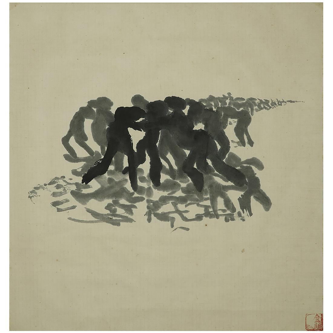 GAO XINGJIAN (né en 1940) SANS TITRE, CIRCA 1984: GAO XINGJIAN (né en 1940) SANS TITRE, CIRCA 1984 Peinture à l'encre sur papier, représentant des silhouettes. Signée du sceau de l'artiste en bas à droite. A PAINTING, INK AND