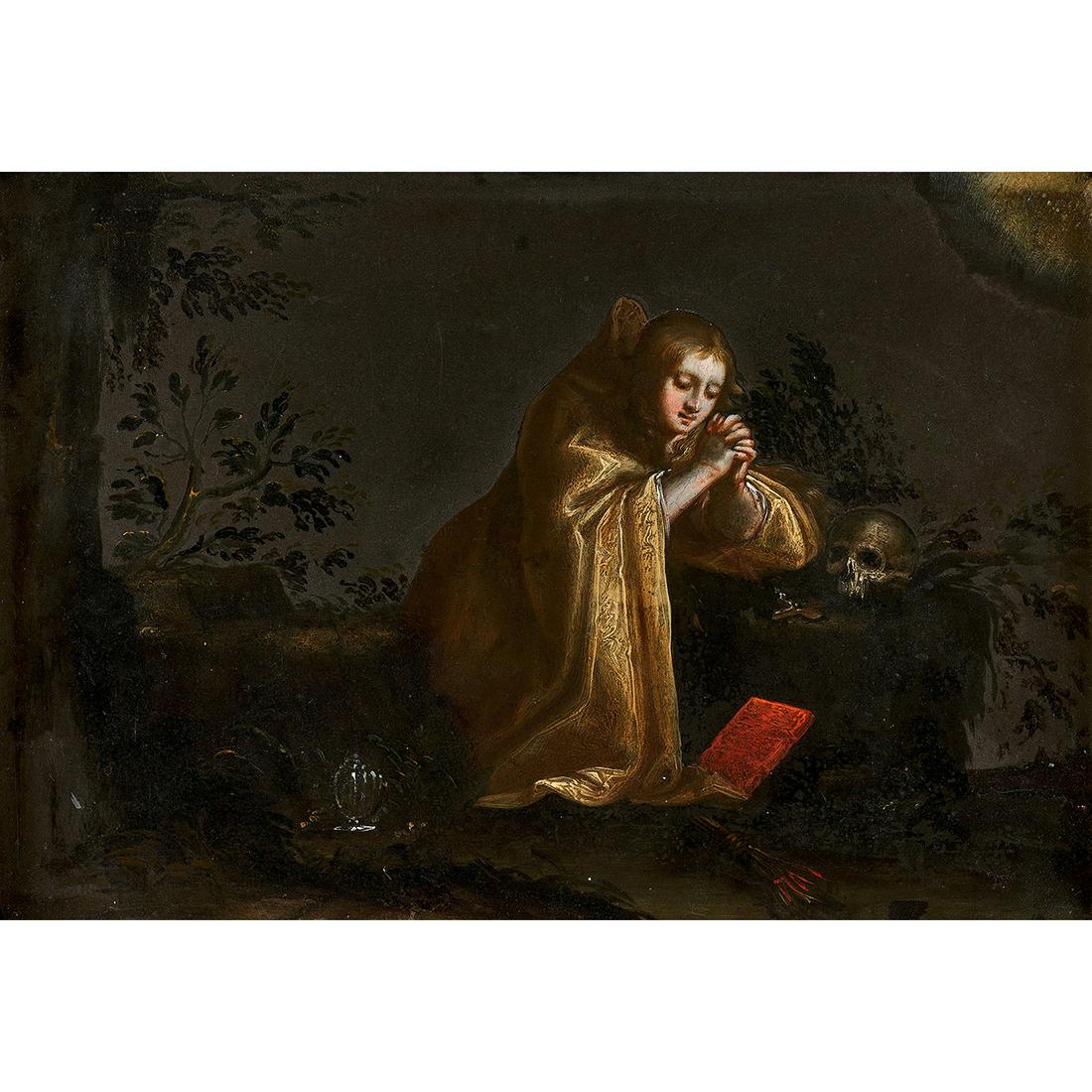 JACQUES STELLA (LYON 1596-PARIS 1657) Marie-Madeleine: JACQUES STELLA (LYON 1596-PARIS 1657) Marie-Madeleine en prière Marbre noir Mary-Magdalene praying, black marble 19 x 27 cm - 7,5 x 10,6 in. Nous pouvons dater notre tableau de la période ro