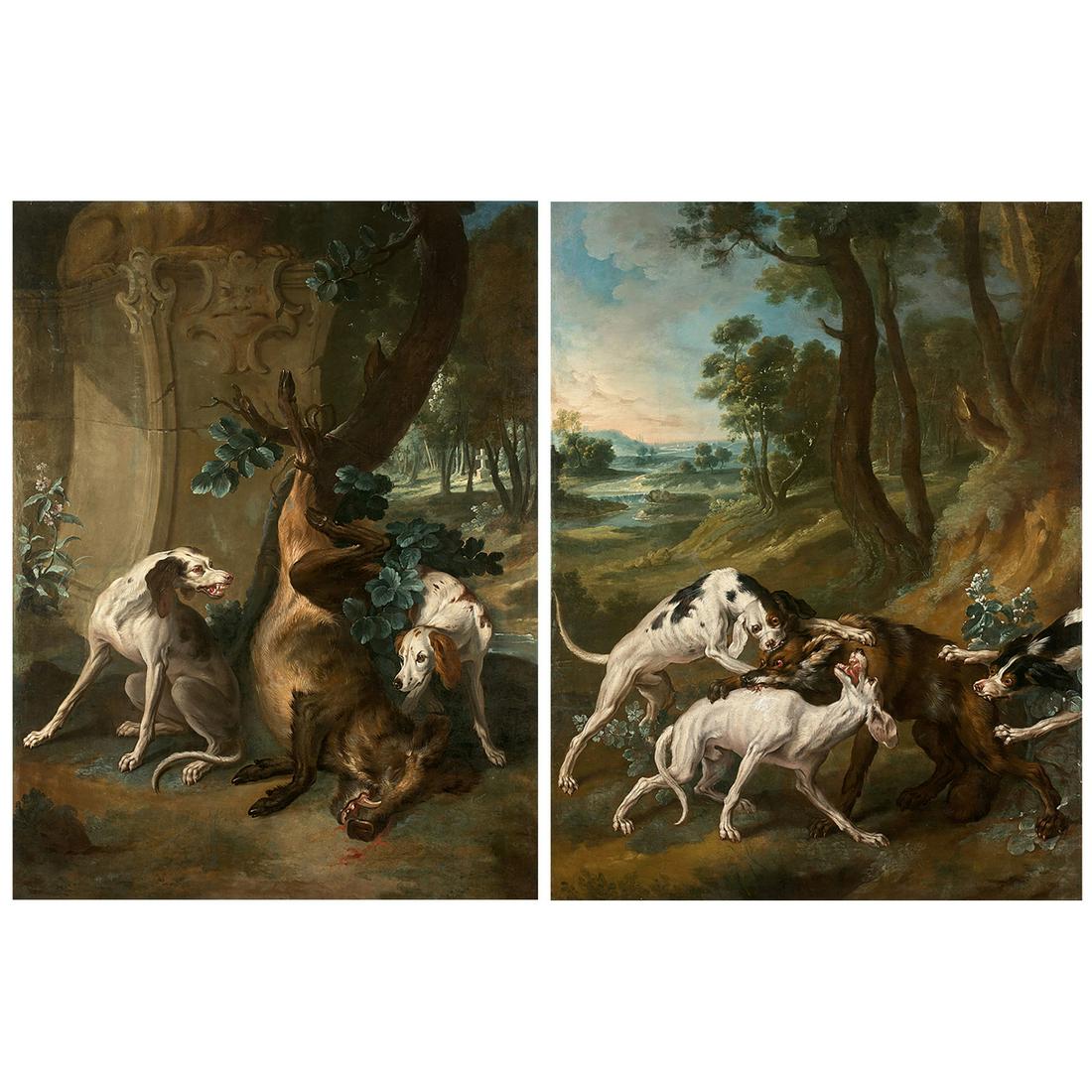 Christophe HUET (Pontoise 1700-Paris 1759) Sanglier: Christophe HUET (Pontoise 1700-Paris 1759) Sanglier gardé par deux chiens ; Loup attaqué par des chiens Paire de toiles Sans cadre Le «Sanglier gardé par deux chiens» sig