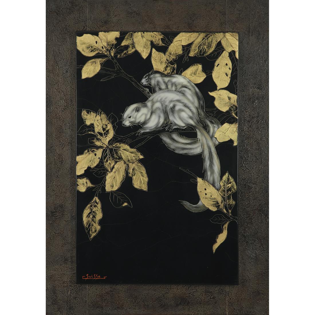 GASTON SUISSE (1896-1989) ÉCUREUILS DE MALAISIE: GASTON SUISSE (1896-1989) ÉCUREUILS DE MALAISIE BRANCHÉS Panneau de laque gravée, circa 1935, décor d'écureuils sur des branchages, poudre d'aluminium et feuille d'or sur fond