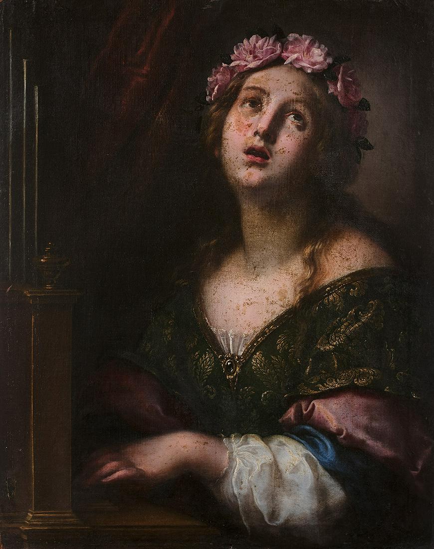 ONORIO MARINARI (Florence 1627-1715): ONORIO MARINARI (Florence 1627-1715) SAINTE CÉCILE Toile Sans cadre Restaurations anciennes Saint Cecilia, canvas, without frame, old restorations 67,5 x 54 cm – 265/8 x 211/4 in. D’a