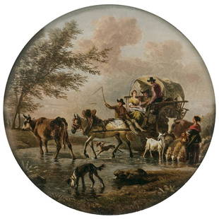 JEAN-LOUIS DEMARNE (BRUXELLES 1744-PARIS 1829): JEAN-LOUIS DEMARNE (BRUXELLES 1744-PARIS 1829) La Charette Médaillon en fixé sous-verre rond 9 CM - 3,5 in. The cart, round glass painting medal