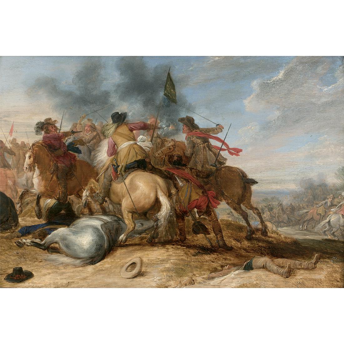 ATTRIBUE A ADAM FRANS VAN DER MEULEN (1632-1690): ATTRIBUE A ADAM FRANS VAN DER MEULEN (1632-1690) Combat de cavaliers Panneau de chêne, une planche, non parqueté Porte une inscription sur le drapeau "Meulen" Attr. to A. F. van de