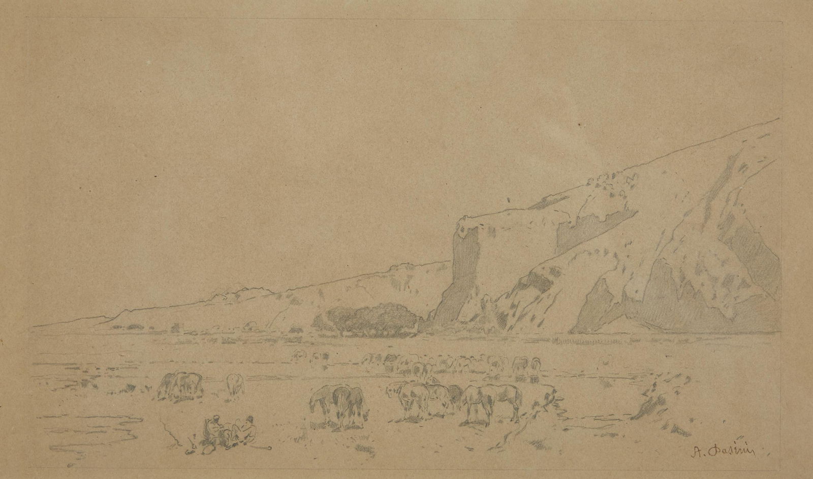 ALBERTO PASINI (1826-1899): ALBERTO PASINI (1826-1899) CAVALIERS AU PÂTURAGE HORSEMAN AT PASTURE Dessin au crayon sur papier. Cachet de la signature en bas à droite. À VUE: 13,5 X 22,5 CM (5 5/16 X 8 7/8 IN.)