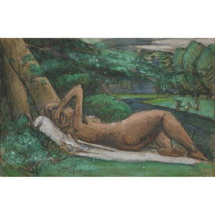 JULIO GONZÁLEZ (1876-1942): JULIO GONZÁLEZ (1876-1942)NU ALLONGÉ SOUS UN ARBRE, 1924Pastel et crayon sur papierSigné et daté en bas à gauchePastel and pencil on paper; signed and dated lower left16 X 24,