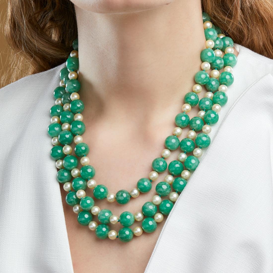 COLLIER TROIS RANGS BOULES JADE JADÉITE (1 of 1)