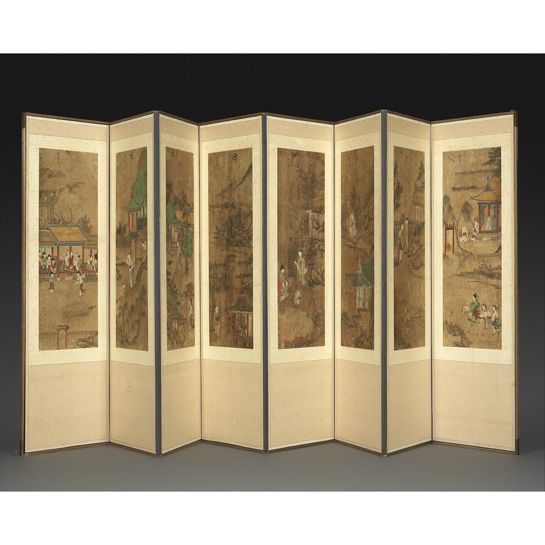 PARAVENT À HUIT FEUILLES: PARAVENT À HUIT FEUILLES à l’encre et polychromie sur papier, représentant huit histoires de personnages connus. (Accidents). Corée, XIXe siècle. AN EIGHT-FOLD SCREEN, I