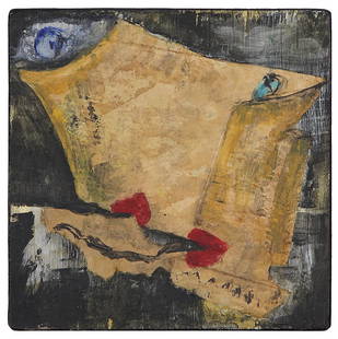 HUGUETTE CALAND (1931-2019): HUGUETTE CALAND (1931-2019) RED LIPS, 1994 Huile et collage sur panneau Signé et daté au dos Oil and collage on panel; signed and dated on the reverse 13 x 13 cm - 5 1/8 x 5 1/8 in.